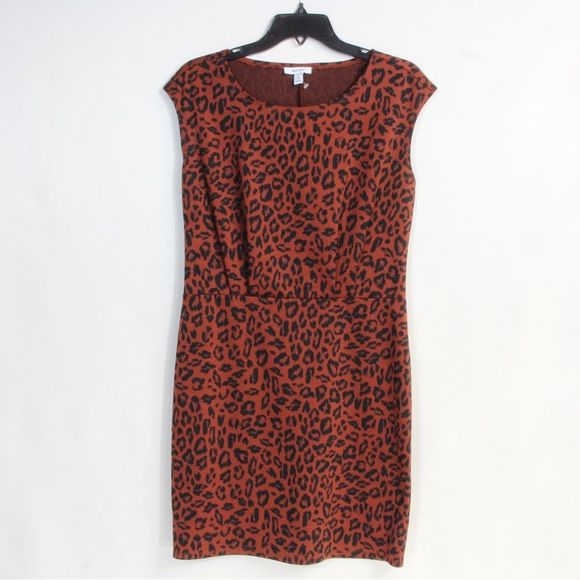 Nine West Brown Fuzzy Leopard Print Cap Sleeve Ponte Sheath Dress Size Medium - Picture 1 of 5